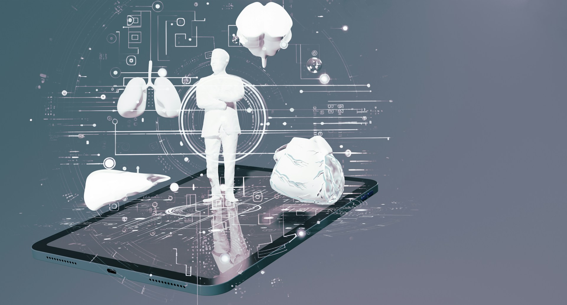 A technology image of a person and human anatomy representing Lexpert Health Sciences special edition lawyers Craig Gillespie and Maia Tomljanovic