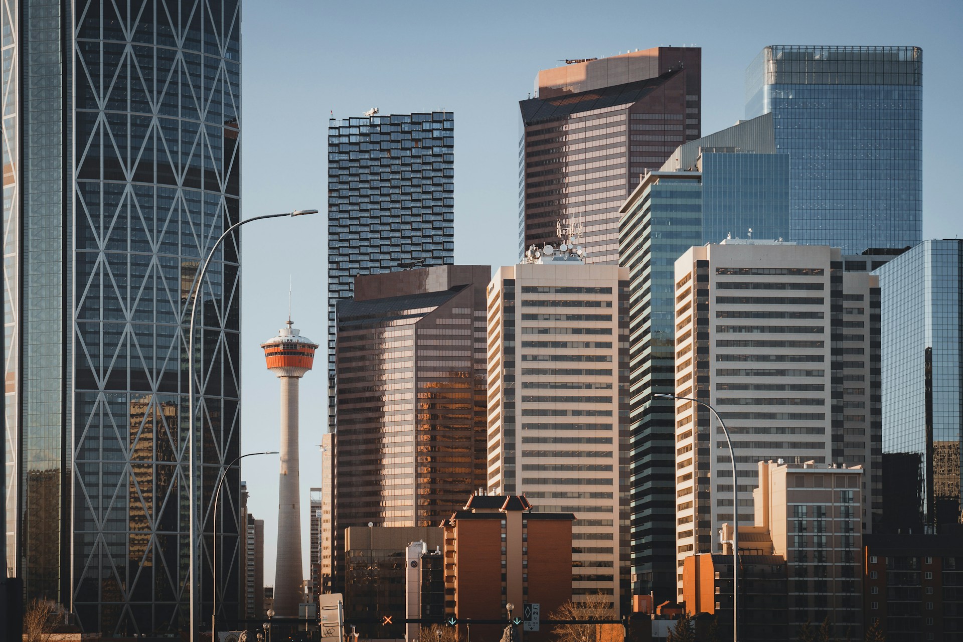 Calgary skyline against a cloudless blue sky, representing Best Law Firm Calgary.